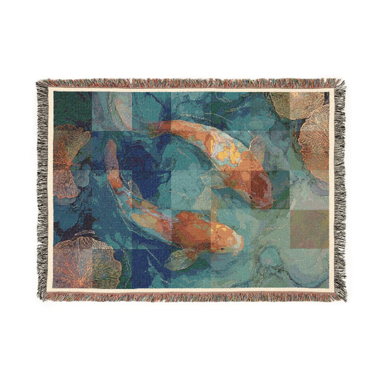 Koi Fish Pond Tapestry Throw Woven Blanket, Japanese Koi Home Decor, Artistic Textures Fringed Blanket, Living Room Sofa Bed Decoration