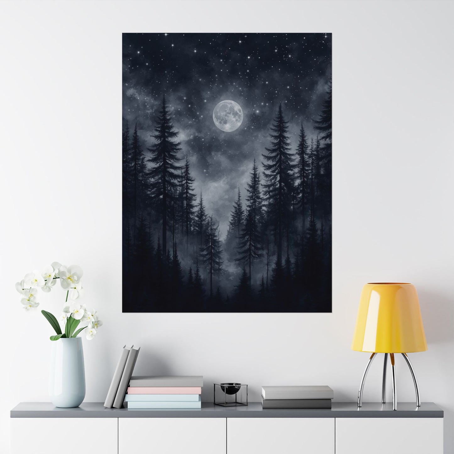 Moonlit Forest Nightscape Poster, Mystical Nature Full Moon Artwork, Serene Atmosphere Wall Art, Home Office Decor Gift Outdoor Enthusiasts