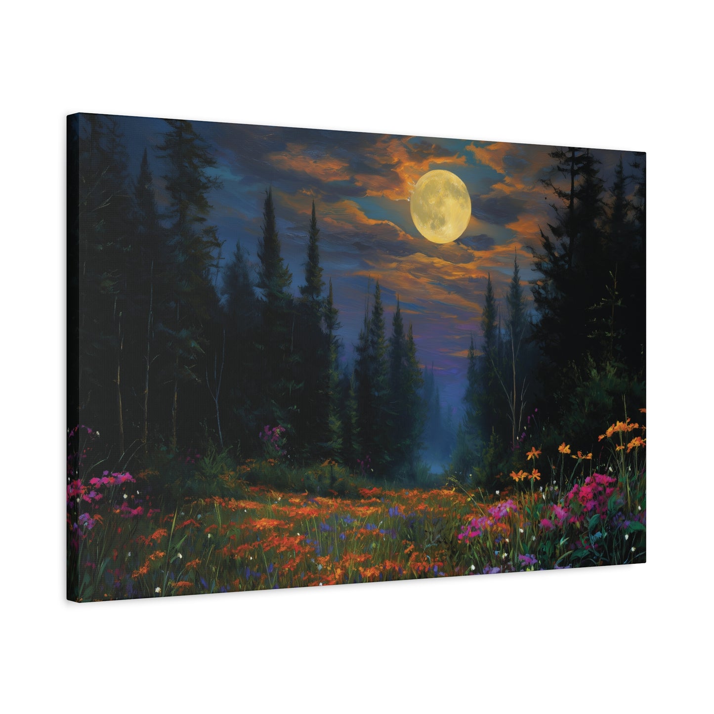Celestial Moonlit Forest Wildflower Meadow Canvas Wall Art, Pine Trees Twilight Sky Print, Nature Lover Bedroom Living Room Cabin Decor