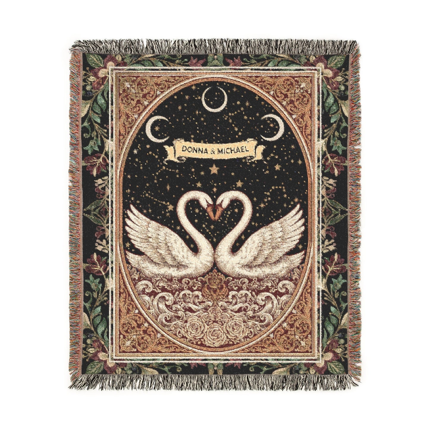 Personalized Swan Woven Blanket, Custom Couple Names Tapestry, Valentine's Day Jacquard Romantic Anniversary Throw, Starry Night Decor