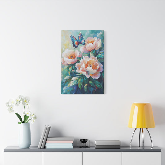 Pink Peach Peony Floral Canvas Print Art, Butterfly Wall Decor, Flower and Butterfly Canvas, Nature Lover Gift, Oil Painting Style Wall Art