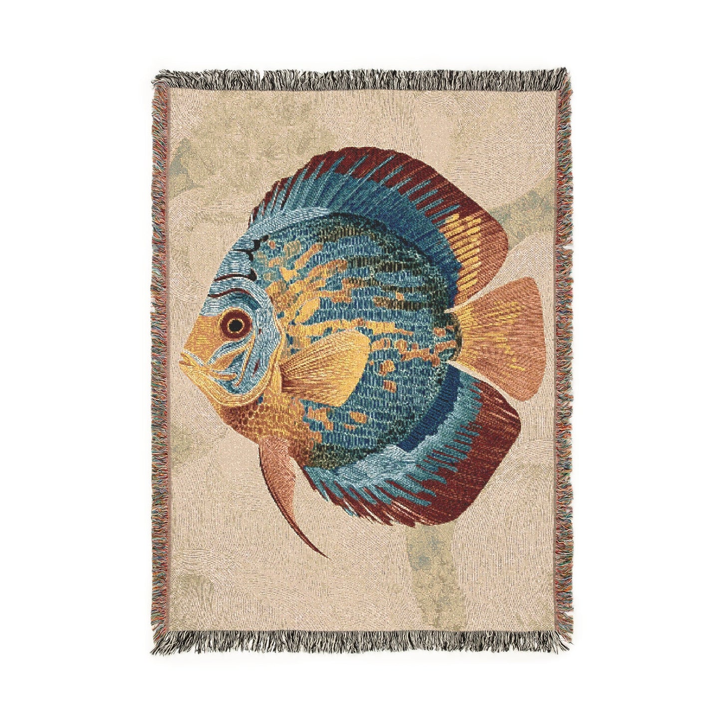 Discus Fish Woven Blanket, Vibrant Underwater Serenity Throw, Coastal Home Decor, Artistic Fringed Couch Blanket, Beach Picnic Blanket