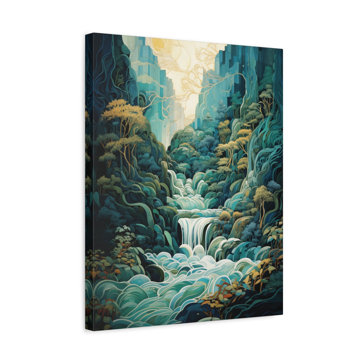 Waterfall Landscape Abstract Style Canvas Wall Art, Teal Green Blue Wall Decor, Nature Artwork, Modern Home Decor, Serene Art Print