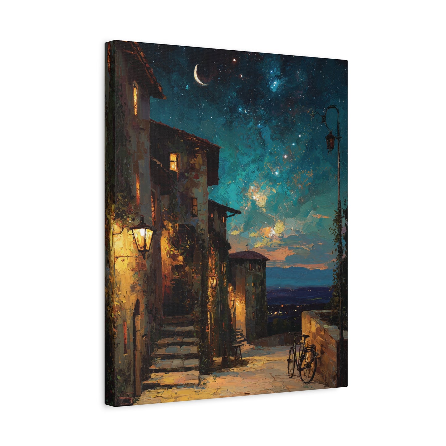 Enchanting European Village Night Sky Canvas Print Decor, Impressionistic Style Wall Art, Cozy Magical Living Room Bedroom Entryway Decor