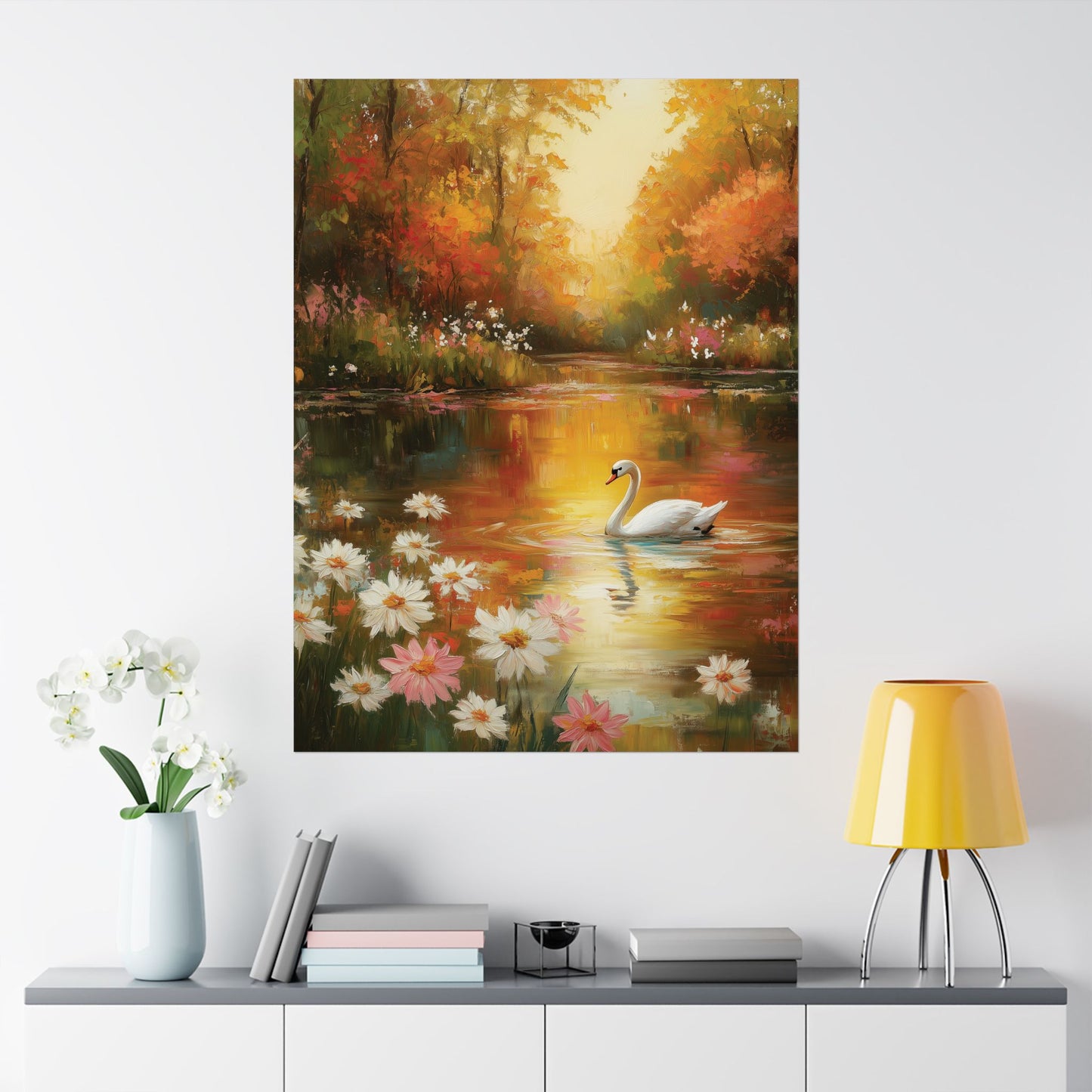 Impressionist Swan Pond Poster, Nature Wall Art Print, Daisy Flower Art, Home Office Decor, Painting Style Wall Art Print, Living Room Decor