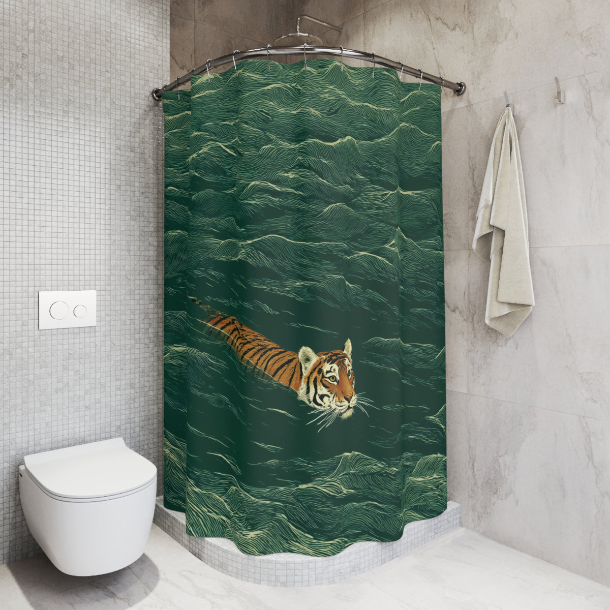 A green shower curtain with a realistic tiger swimming on the front, hanging in a modern gray tiled bathroom next to a toilet and towel.