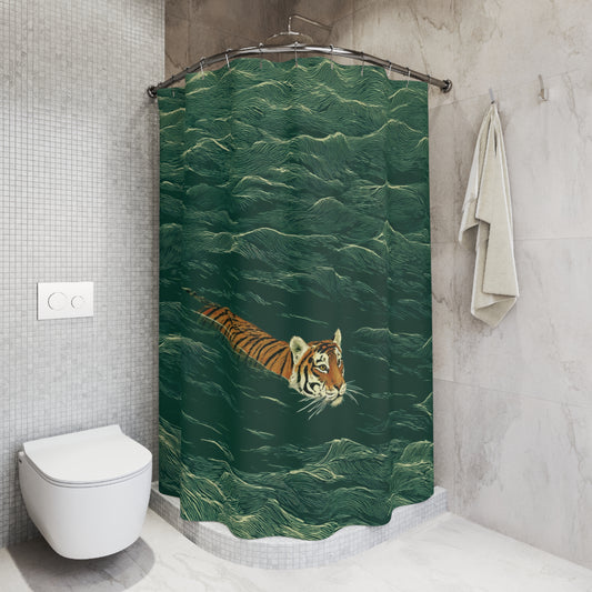 A green shower curtain with a realistic tiger swimming on the front, hanging in a modern gray tiled bathroom next to a toilet and towel.