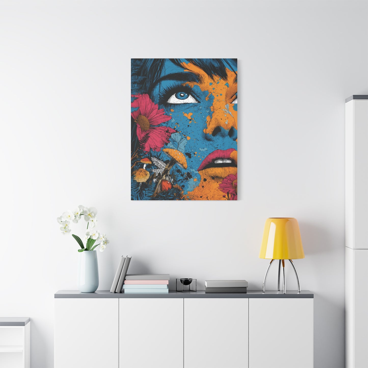 Woman's Face Surrealism and Psychedelic Pop Canvas Art Print, Whimsical Mushrooms and Floral Pop Art, Edgy Art Decor, Living Room Decoration