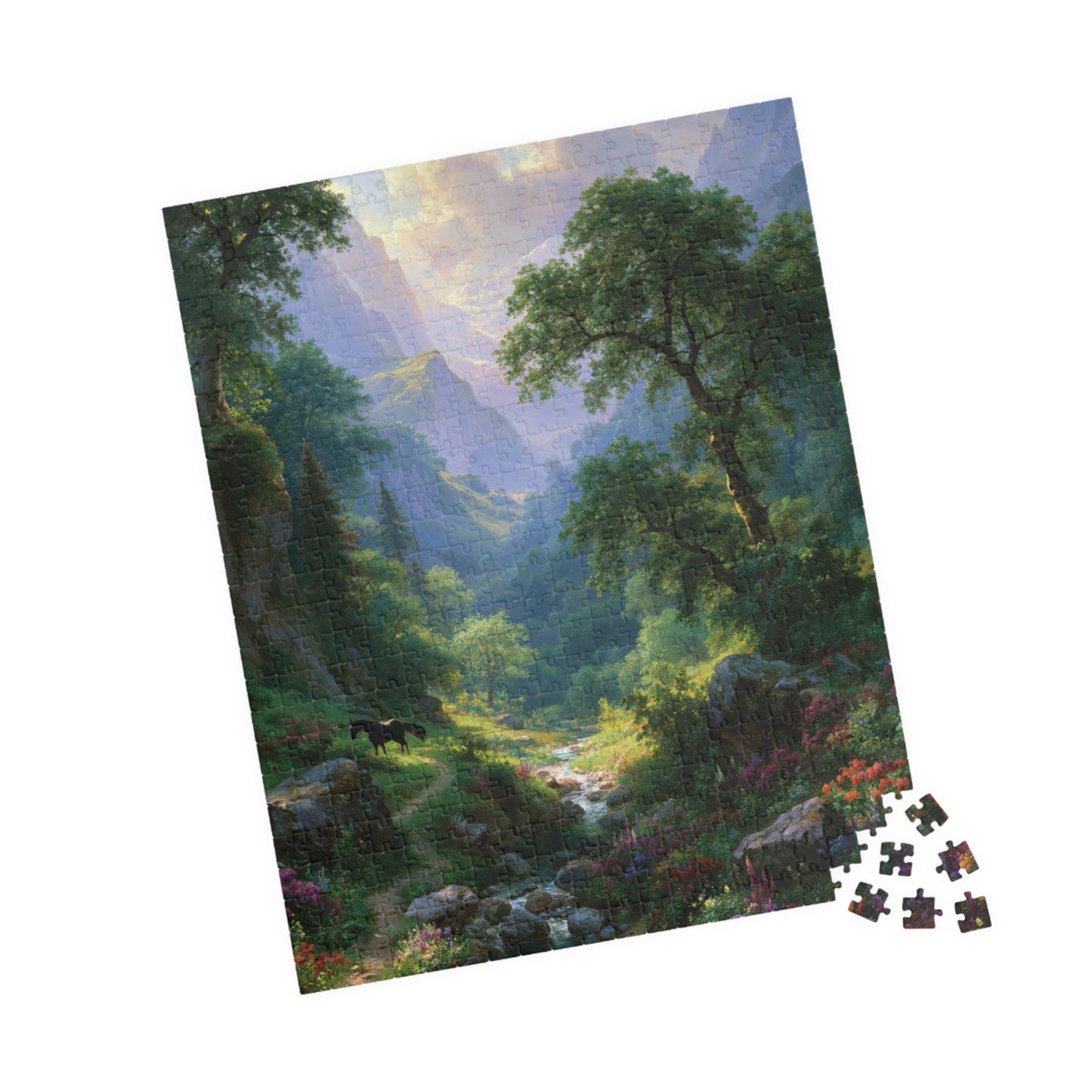 Scenic Mountain Valley Jigsaw Puzzle, Wildflower Meadow Art, Black Horse Landscape, Nature Lover Gift, 500 1000 Piece Brain Teaser
