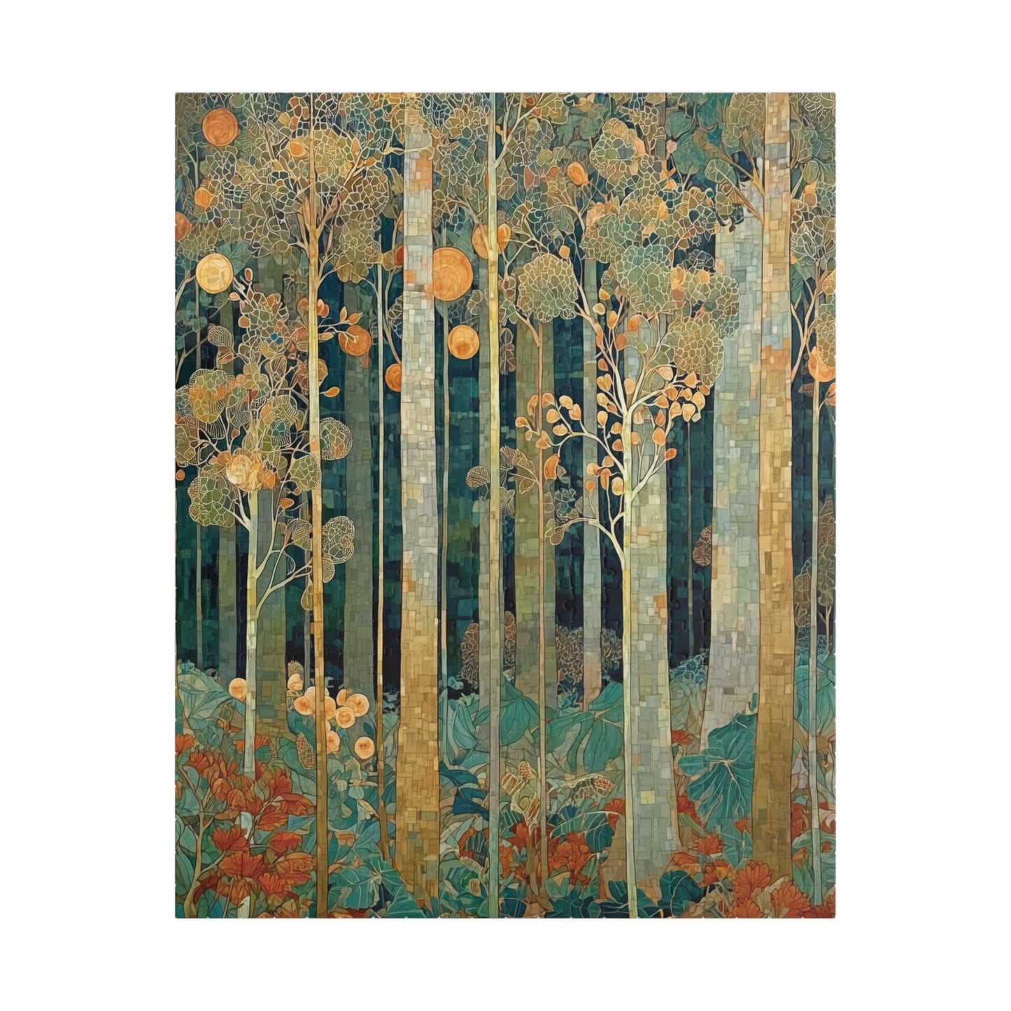 Puzzle of an artistic depiction of a forest with tall trees and colorful foliage on a white background
