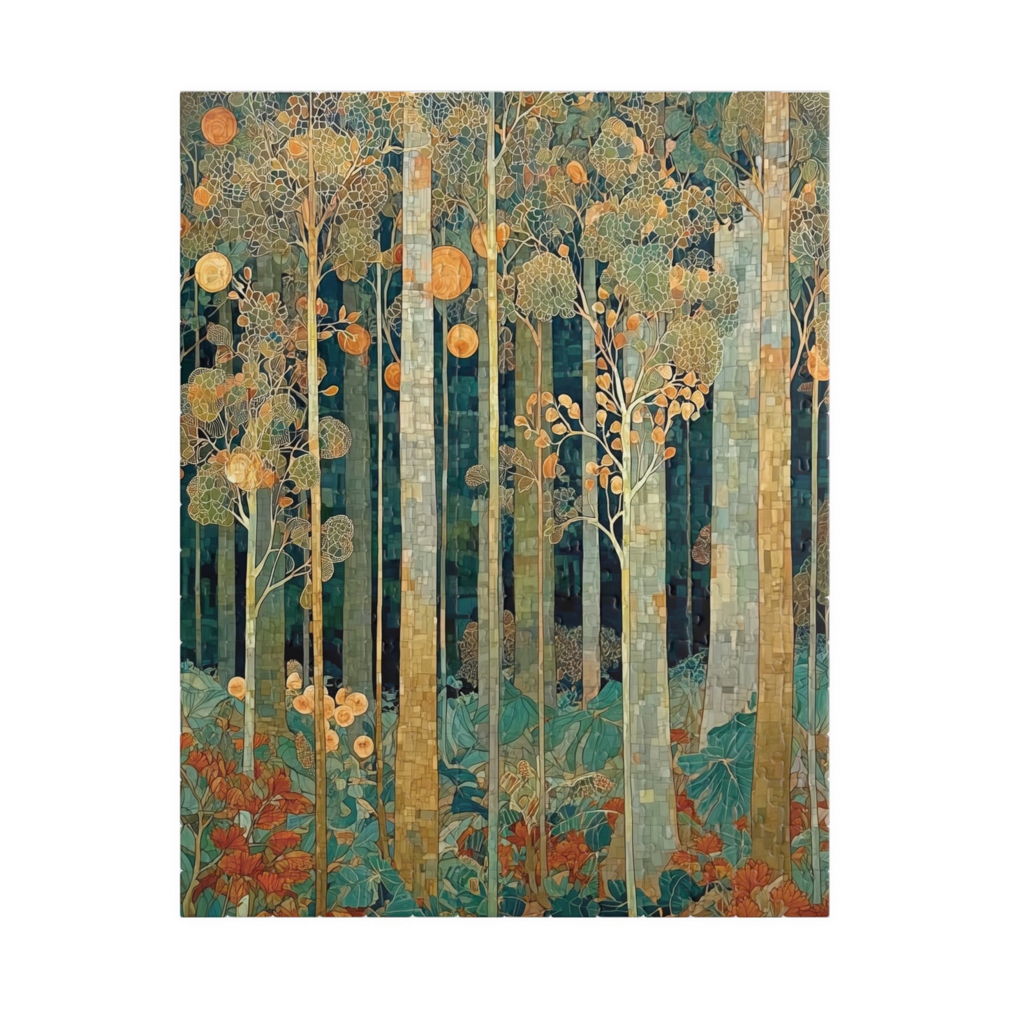 Puzzle of an artistic depiction of a forest with tall trees and colorful foliage on a white background