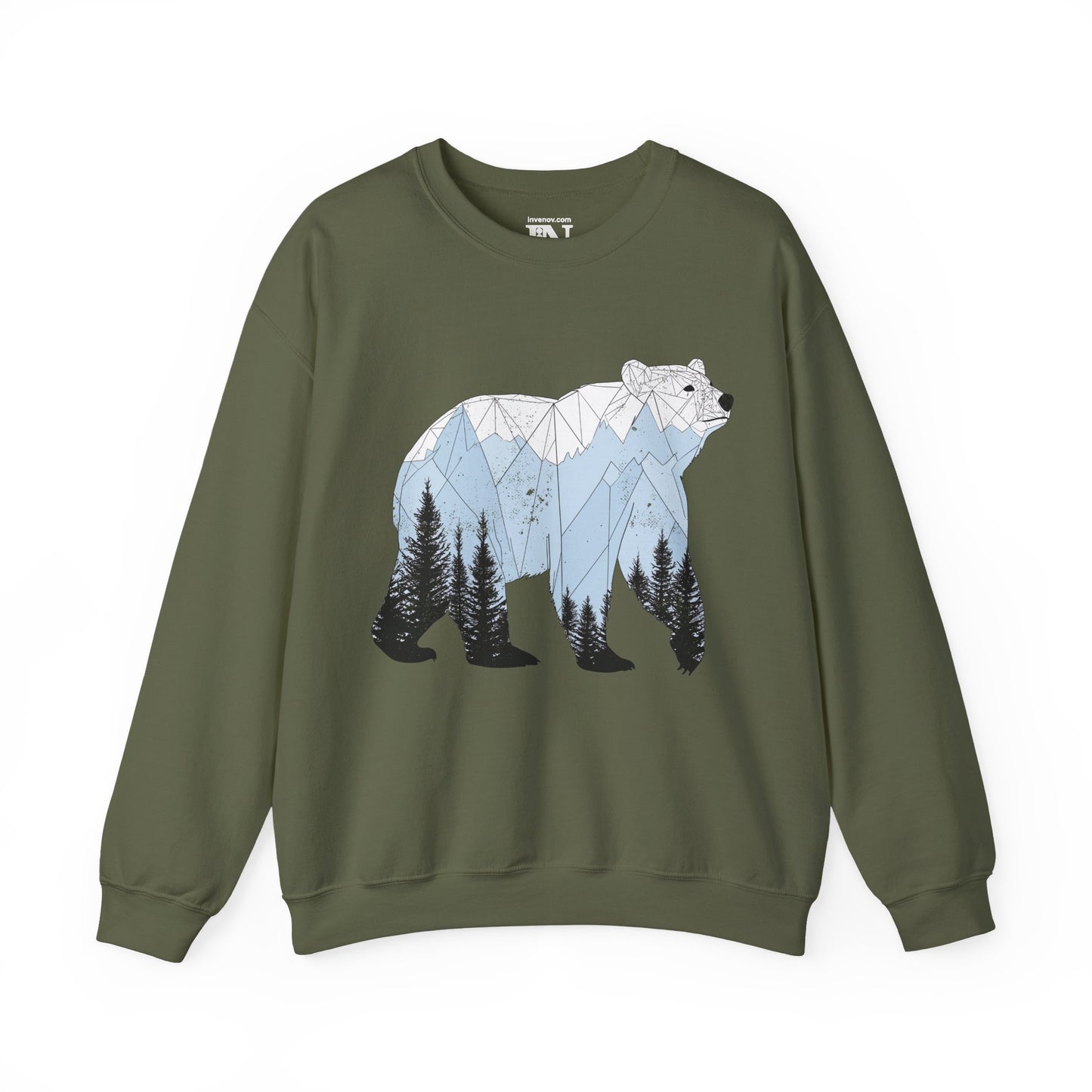 Geometric Bear Sweatshirt, Nature-Inspired Crewneck, Mountain Pine Tree Art Sweater, Winter Cozy Jumper, Unique Gift for Nature Lovers