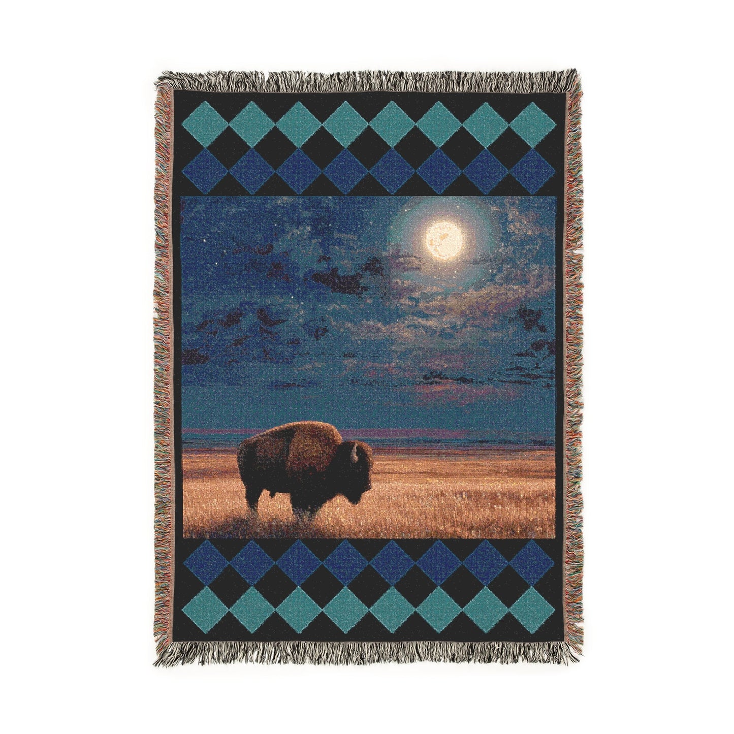 Southwestern Bison Woven Blanket, Celestial Night Bison Buffalo Cozy Throw, Moon Wall Hanging, Wildlife Lover Gift, Rustic Home Accent