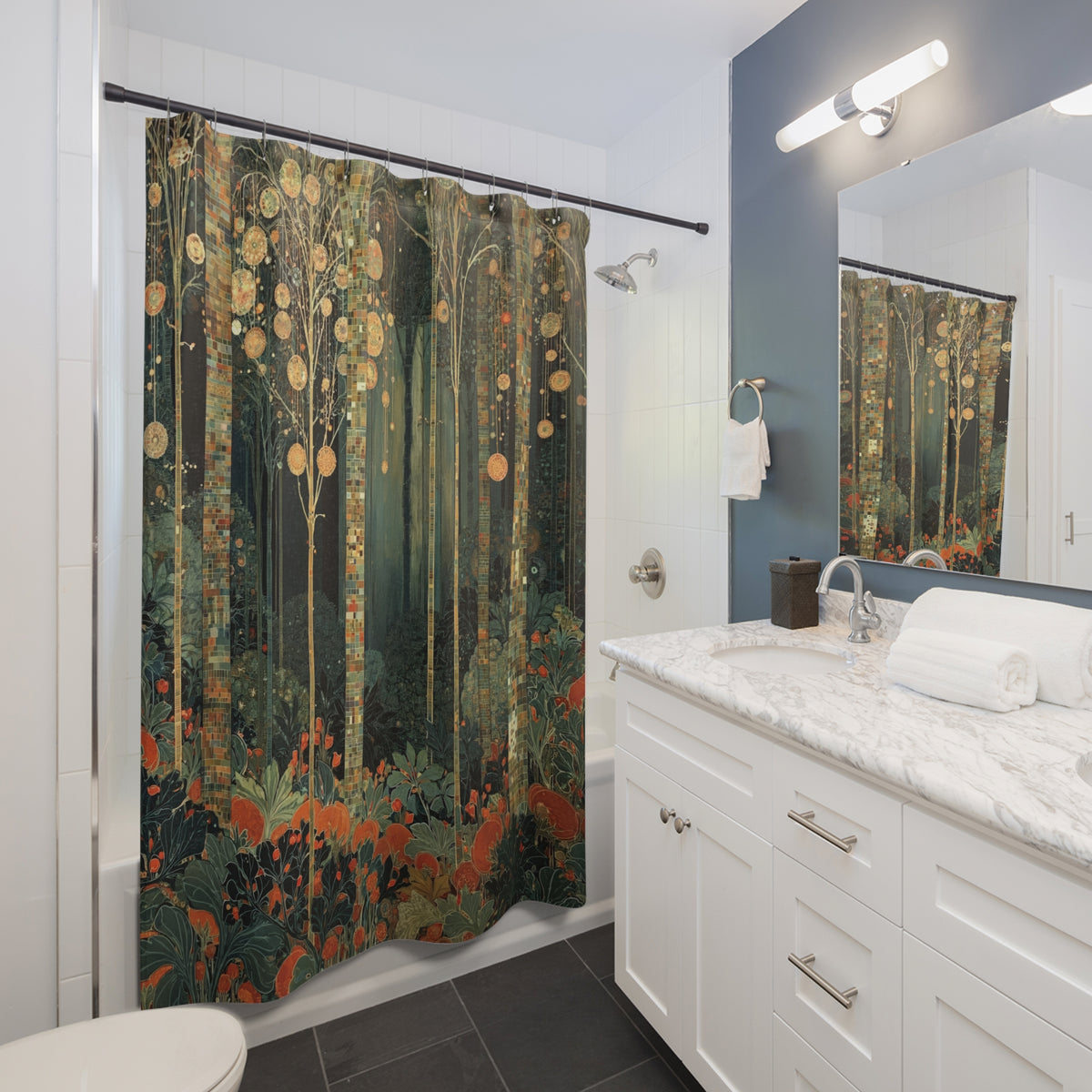 Enchanted Forest Shower Curtain, Art Nouveau Tree Bathroom Decor, Moody Botanical Bath Curtain, Dark Woodland Drapes, Boho Nature Gift