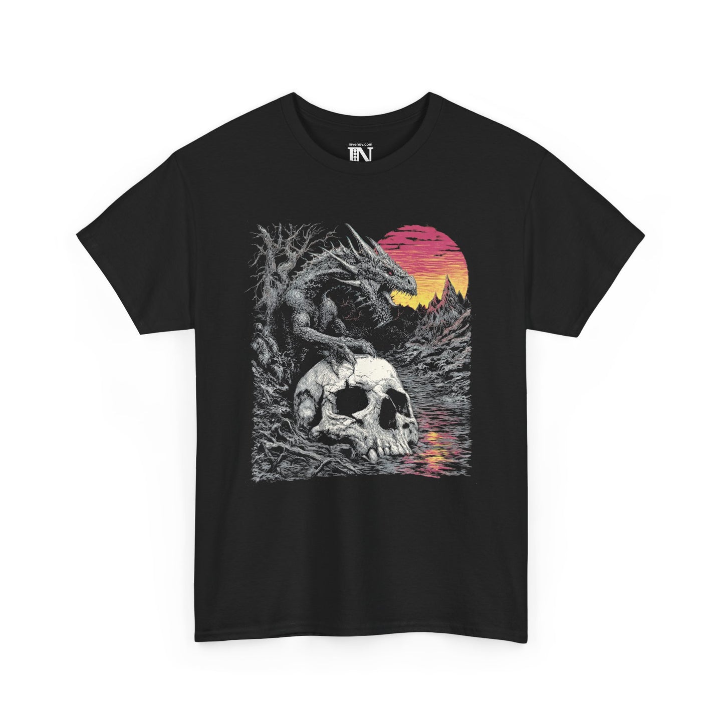 Dragon Fantasy Adventure Tee, Dragon and Skull Shirt, Mythical Creature Graphic Shirt, Gothic Sunset Dragon Tshirt, Dragon Lover Gift