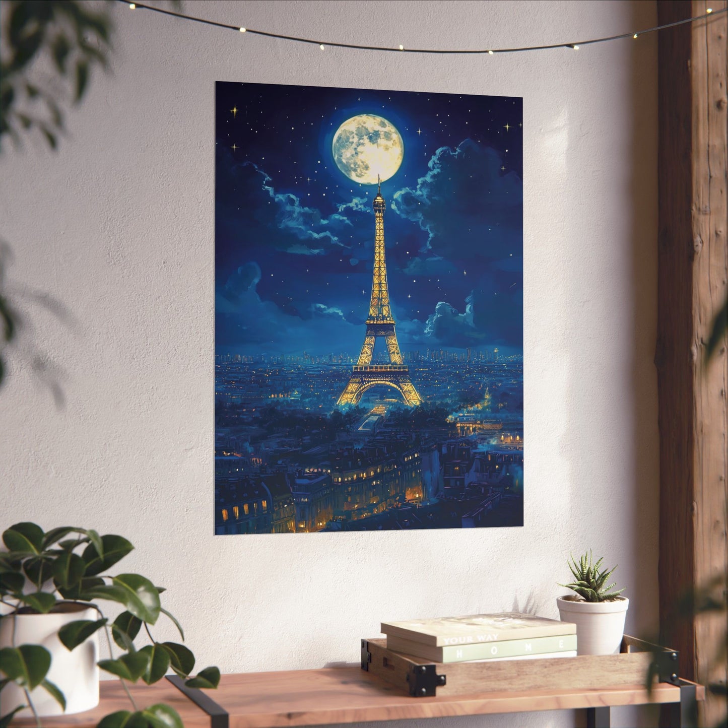 Paris Night View Poster, Eiffel Tower Illuminated in Golden Lights Wall Art, Celestial Paris Art Print, Romantic Paris Home Office Decor