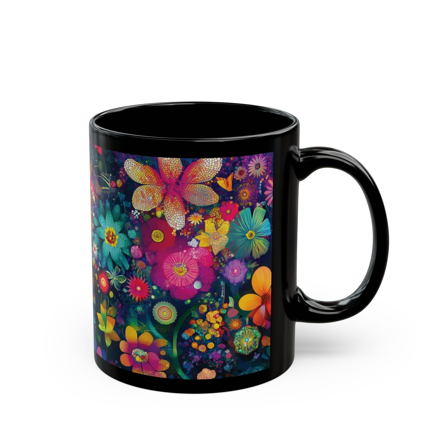 Colorful Floral Garden Black Mug, Vibrant Flower Art Coffee Cup, Gift for Mom, Mosaic Style Drinking Mug, Butterfly and Orb Design