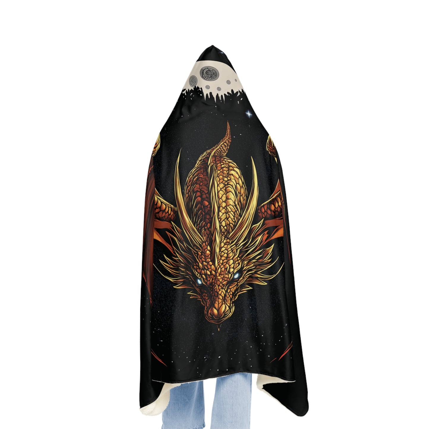 Dragon Hooded Snuggle Blanket, Golden Dragon Design, Fantasy Sherpa Blanket, Microfiber Fleece Throw, Cosy Hoodie Blanket, Dragon Lover Gift