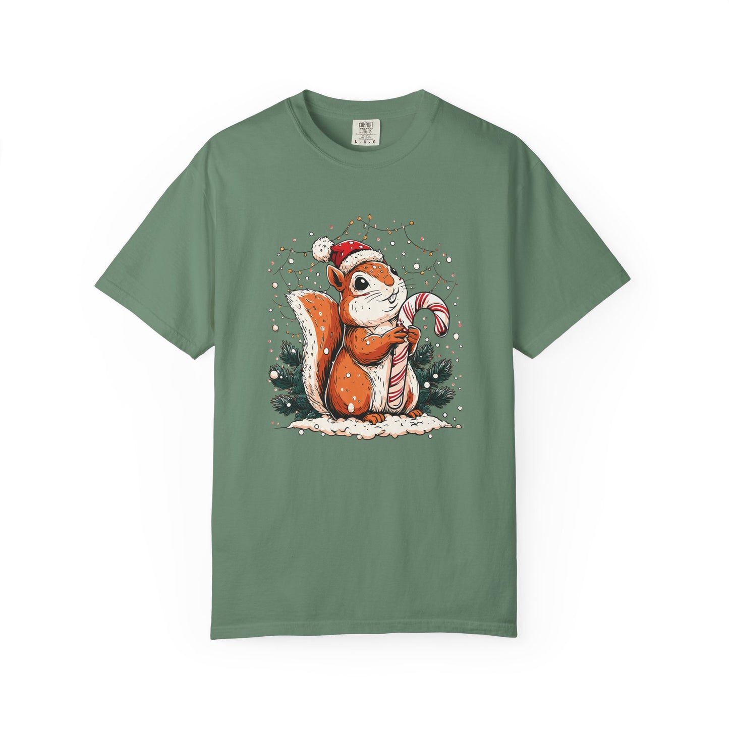 Comfort Colors Christmas Squirrel T-shirt, Cute Squirrel Tee, Festive Xmas Shirt, Santa Hat Candy Cane Top, Garment-Dyed T-shirt