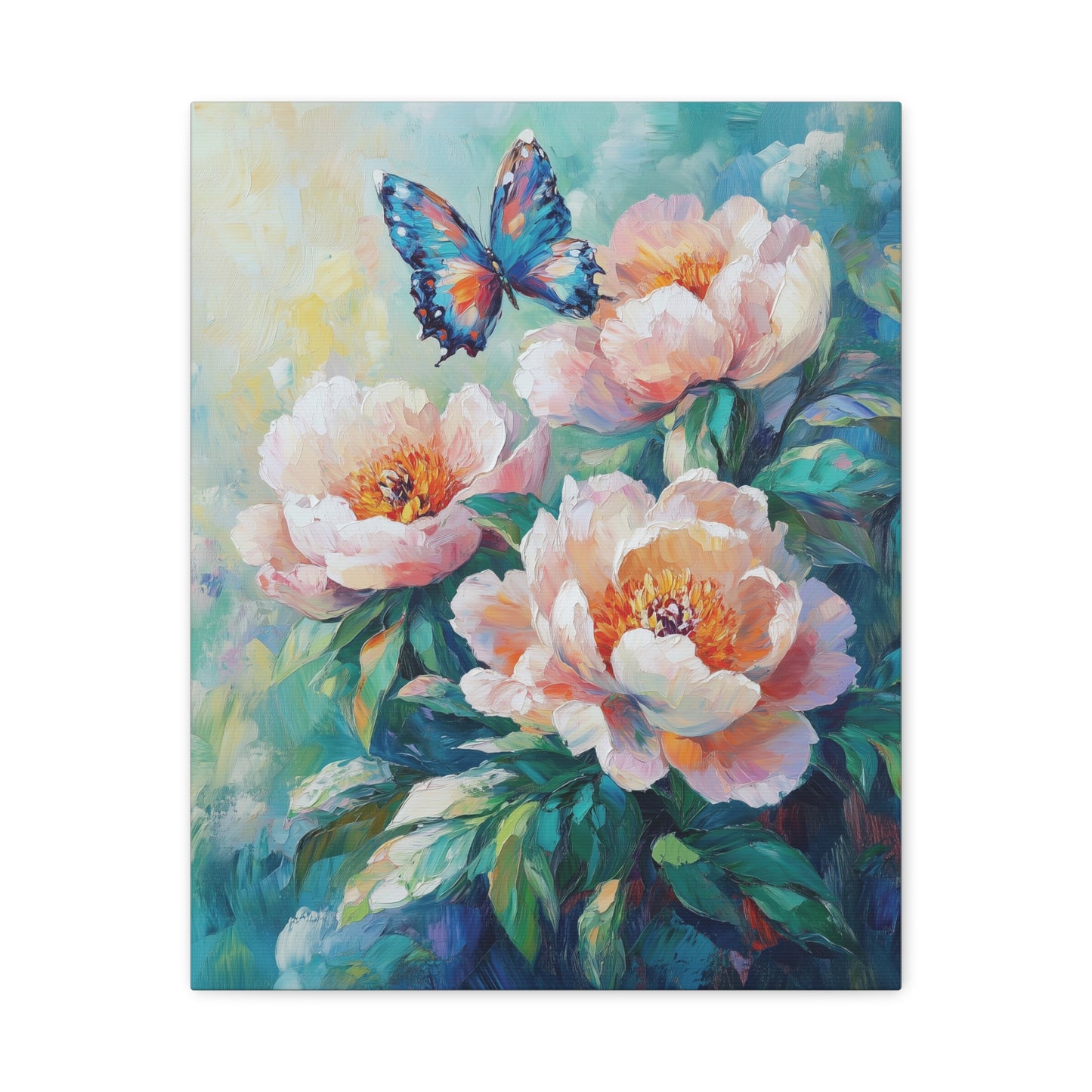 Pink Peach Peony Floral Canvas Print Art, Butterfly Wall Decor, Flower and Butterfly Canvas, Nature Lover Gift, Oil Painting Style Wall Art