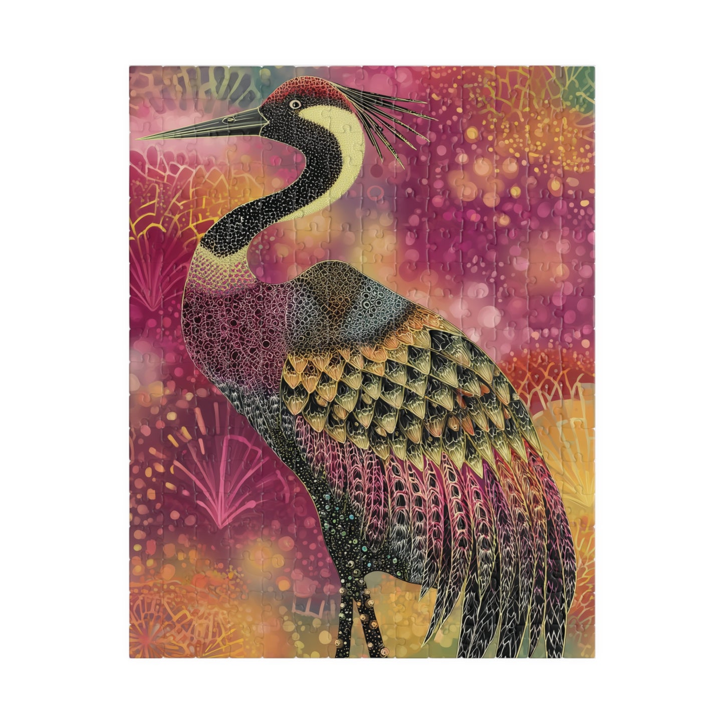 Colorful Crane Puzzle, Elegant Bird Lover's Jigsaw, Vibrant Heron Artistic Challenge Game, Mosaic Style Crane Puzzle, Difficult Puzzle