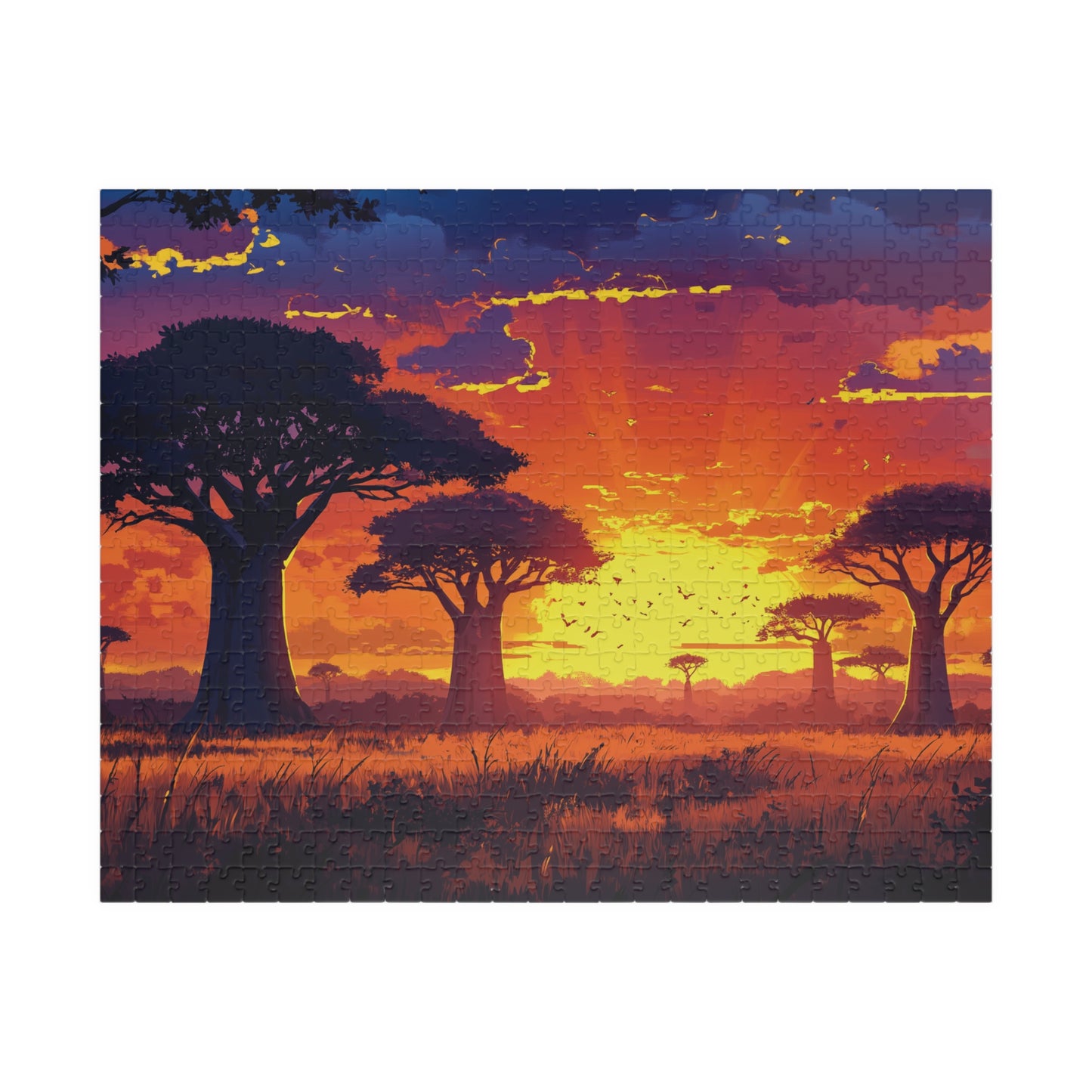 African Savanna Sunset Landscape Jigsaw Puzzle, Baobab Trees Silhouette Puzzle, Relaxation Gift, Mindfulness Activity, Nature Art Lover Gift