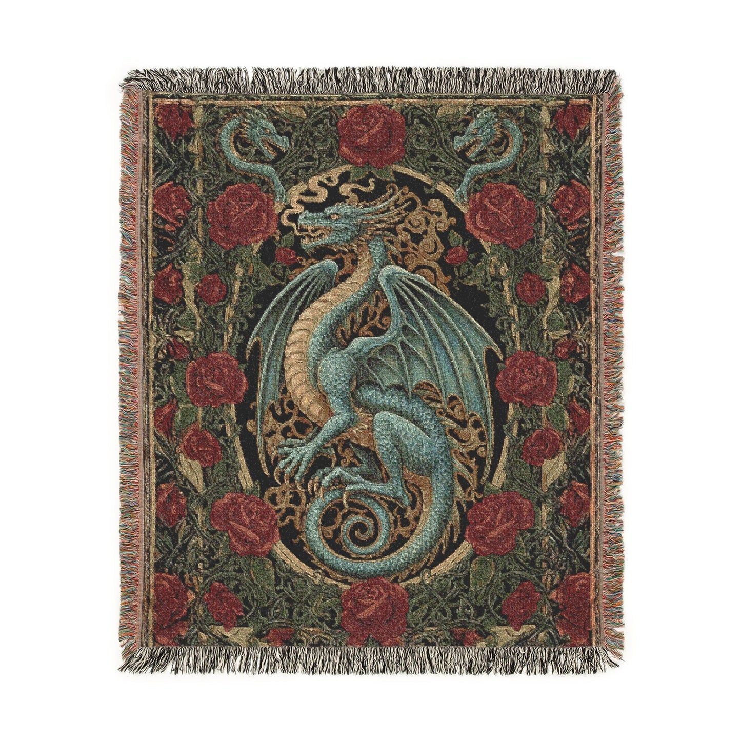 Dragon Woven Blanket, Gothic Tapestry Wall Hanging, Fantasy Art Jacquard Throw Red Roses, Dark Academia Medieval Decor, Mythical Creature