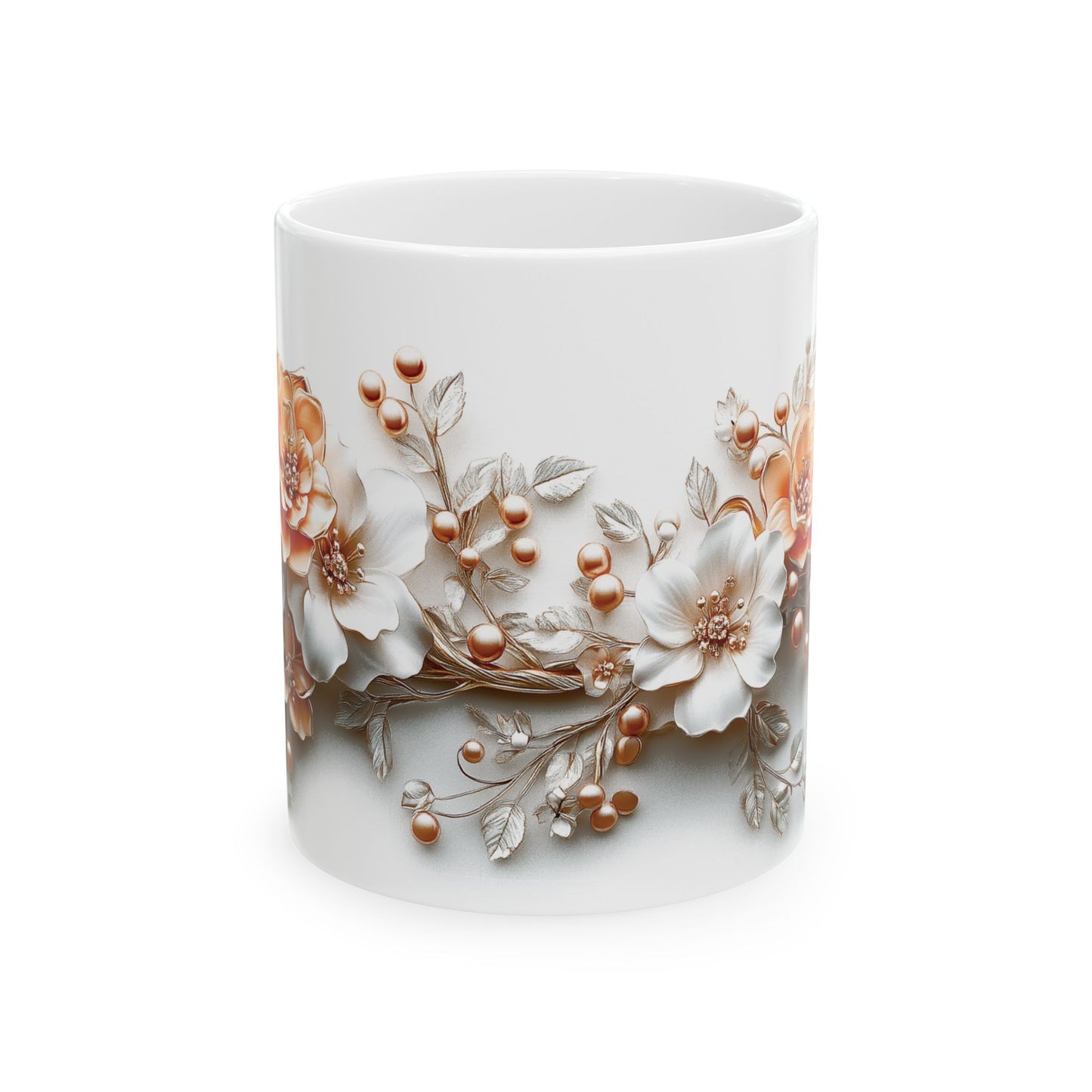 Floral Ceramic Mug, Mother's Day Gift, Peach and White Flower Design, Coffee Tea Cup, Appreciation Gift, Gift for Her, Mother's Day Present