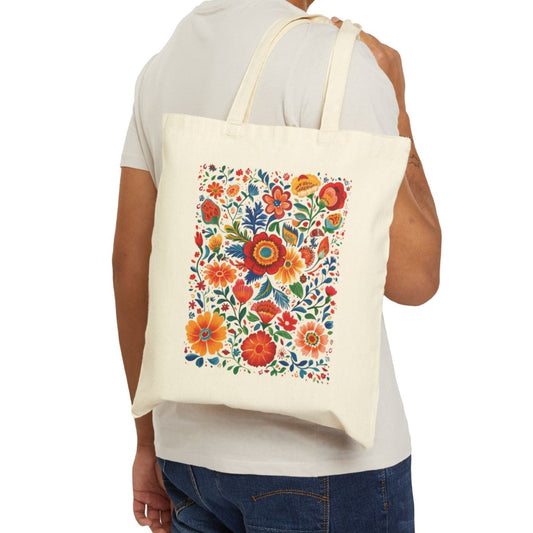 Floral Canvas Tote Bag, Folk Art Design, Mexican Style Bag, Colorful Blossoms, Cinco De Mayo Tote Bag, Orange Red Yellow Blue Green Pattern