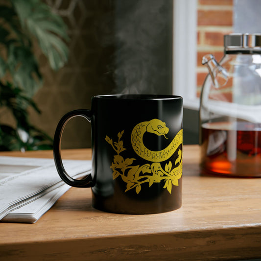 Snake Floral Mug, Chinese Papercut Artwork, Black Coffee Cup, Serpent Blossoms Tea Mug, Nature Harmony Gift, Minimalist Graphic Design