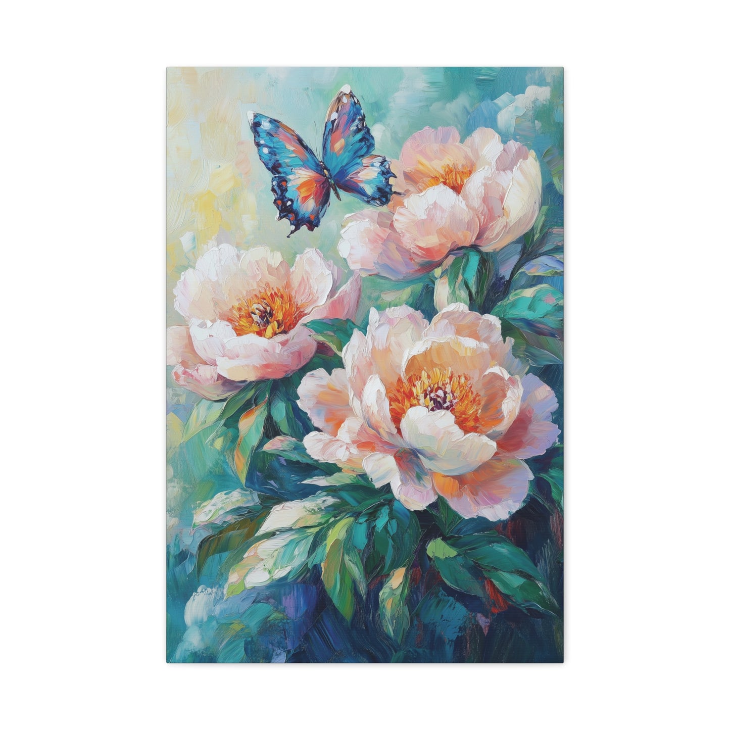 Pink Peach Peony Floral Canvas Print Art, Butterfly Wall Decor, Flower and Butterfly Canvas, Nature Lover Gift, Oil Painting Style Wall Art