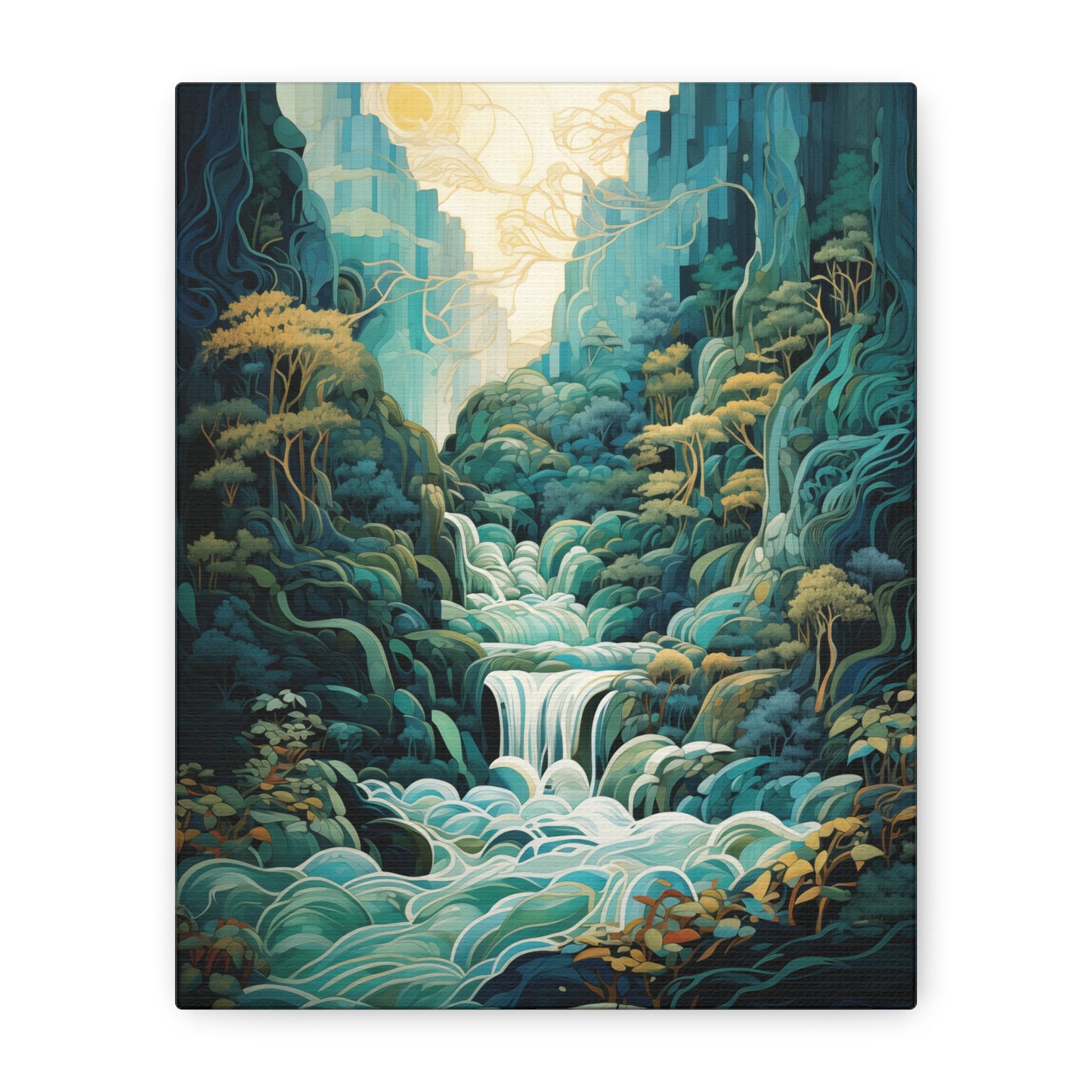 Waterfall Landscape Abstract Style Canvas Wall Art, Teal Green Blue Wall Decor, Nature Artwork, Modern Home Decor, Serene Art Print