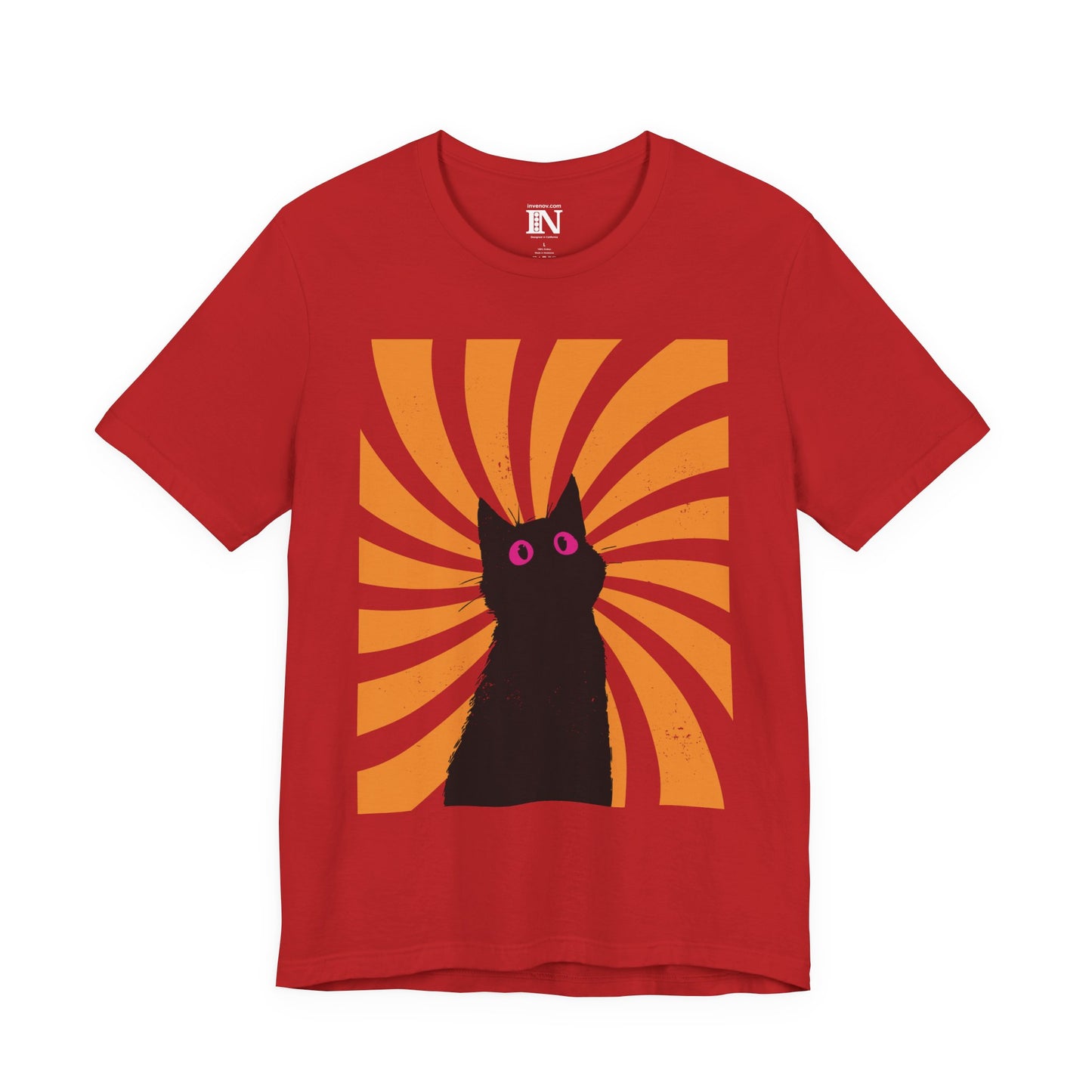 Black Graphic Cat Swirling Sunburst Shirt, Artistic Stylized Feline Tee, Distressed Style, Abstract Style Cat Pink Eye T-shirt, XS-3XL