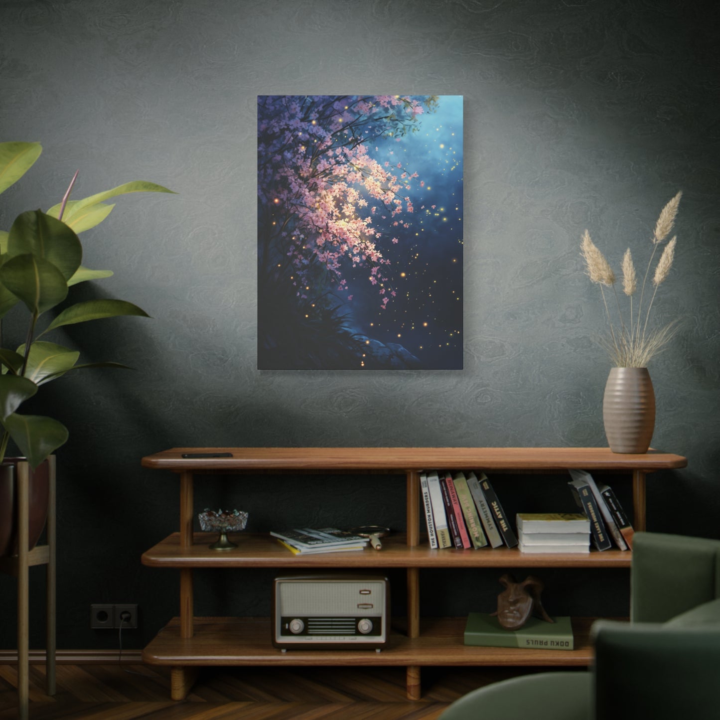 Cherry Blossom Night Scene Canvas Print, Magical Firefly Artwork, Ethereal Nature Wall Art, Sakura Flower Canvas Wall Art, Home Office Decor