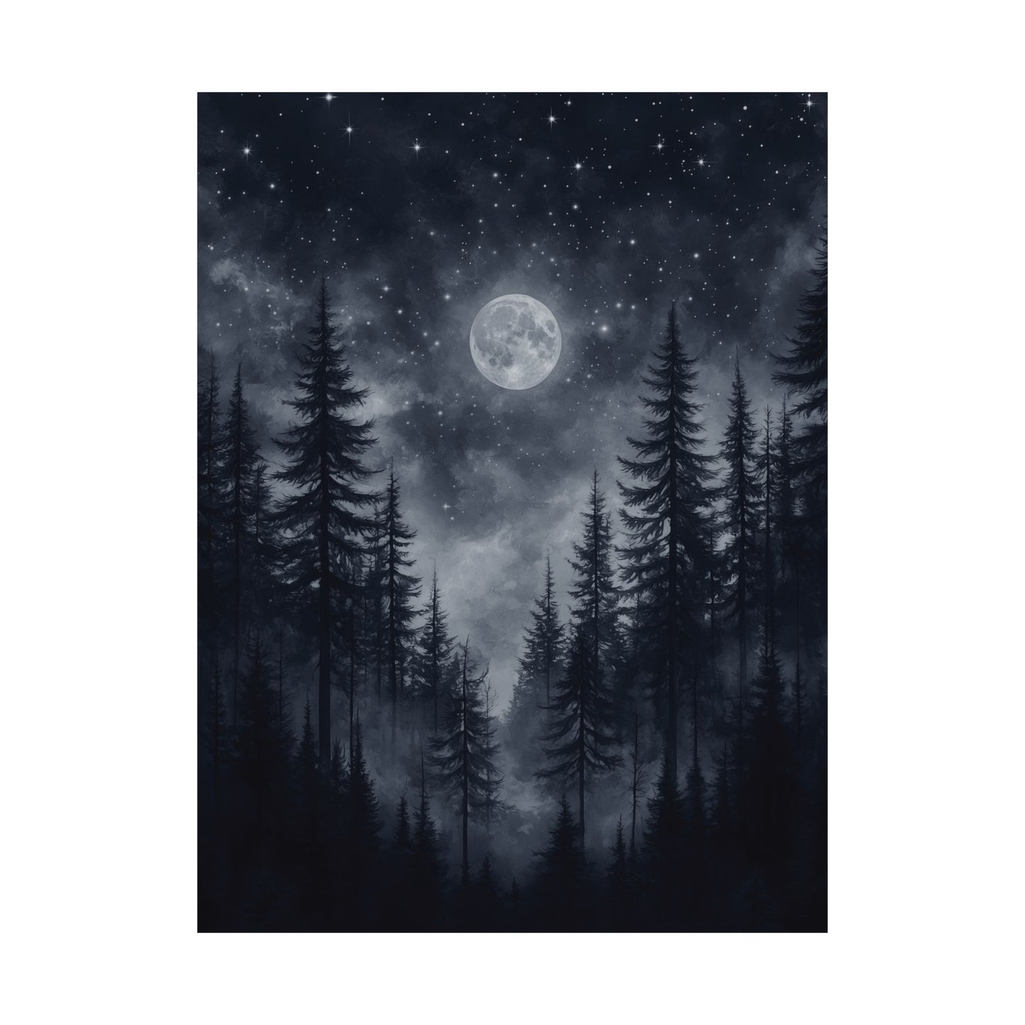 Moonlit Forest Nightscape Poster, Mystical Nature Full Moon Artwork, Serene Atmosphere Wall Art, Home Office Decor Gift Outdoor Enthusiasts