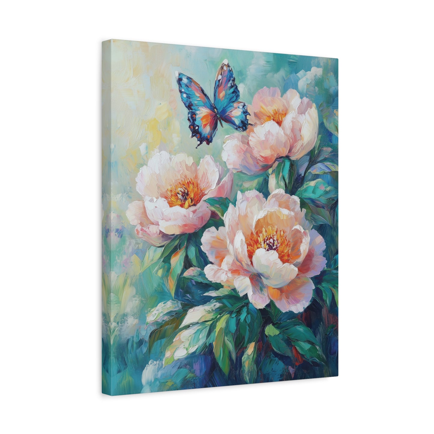 Pink Peach Peony Floral Canvas Print Art, Butterfly Wall Decor, Flower and Butterfly Canvas, Nature Lover Gift, Oil Painting Style Wall Art