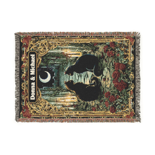 Personalized Black Cat Woven Blanket, Custom Couple Names Tapestry, Gothic Wedding Gift, Romantic Anniversary Throw, Cat Lover Home Decor