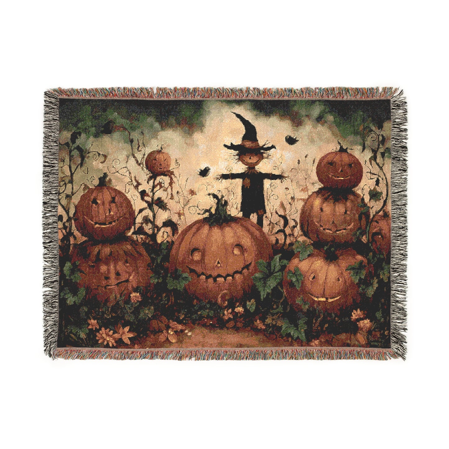 Halloween Woven Blanket, Fall Scarecrow Jack-o'-lantern Throw, Autumn Tapestry, Festive Home Decor, Cozy Couch Blanket, Halloween Party