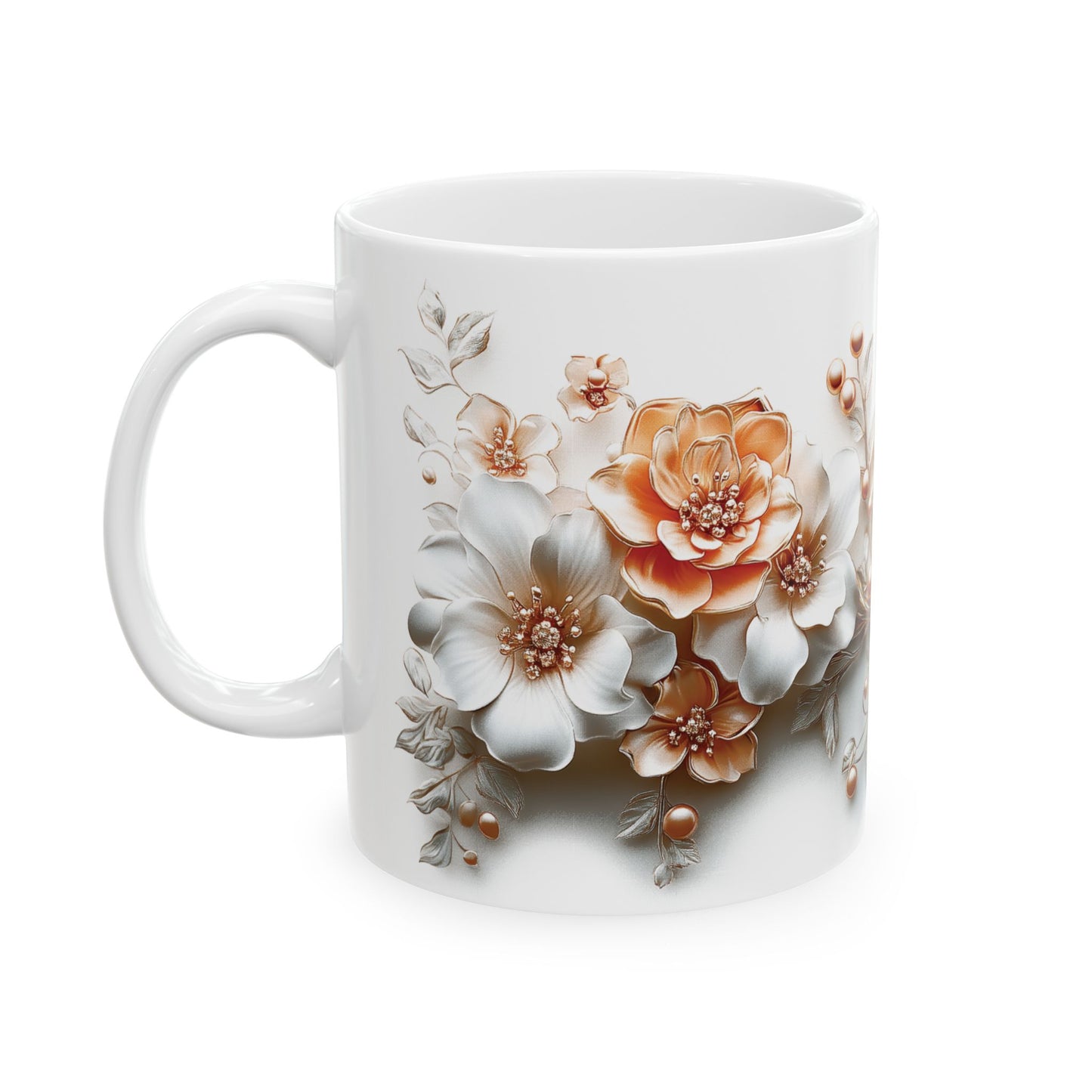 Floral Ceramic Mug, Mother's Day Gift, Peach and White Flower Design, Coffee Tea Cup, Appreciation Gift, Gift for Her, Mother's Day Present