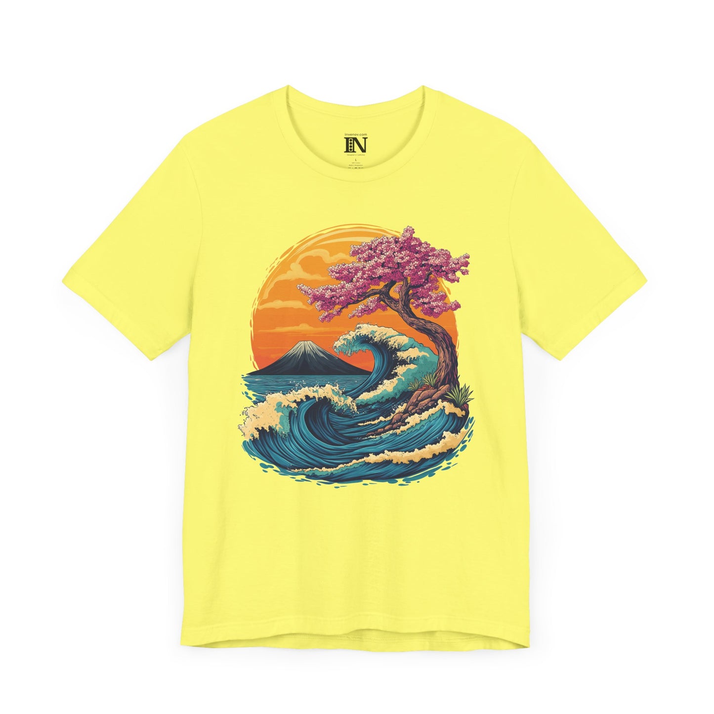 Vibrant Tropical Sakura Wave T-shirt, Ocean Sunset Tee, Japanese Inspired Top, Nature Graphic Shirt, Cherry Blossom, Mount Fuji Shirt