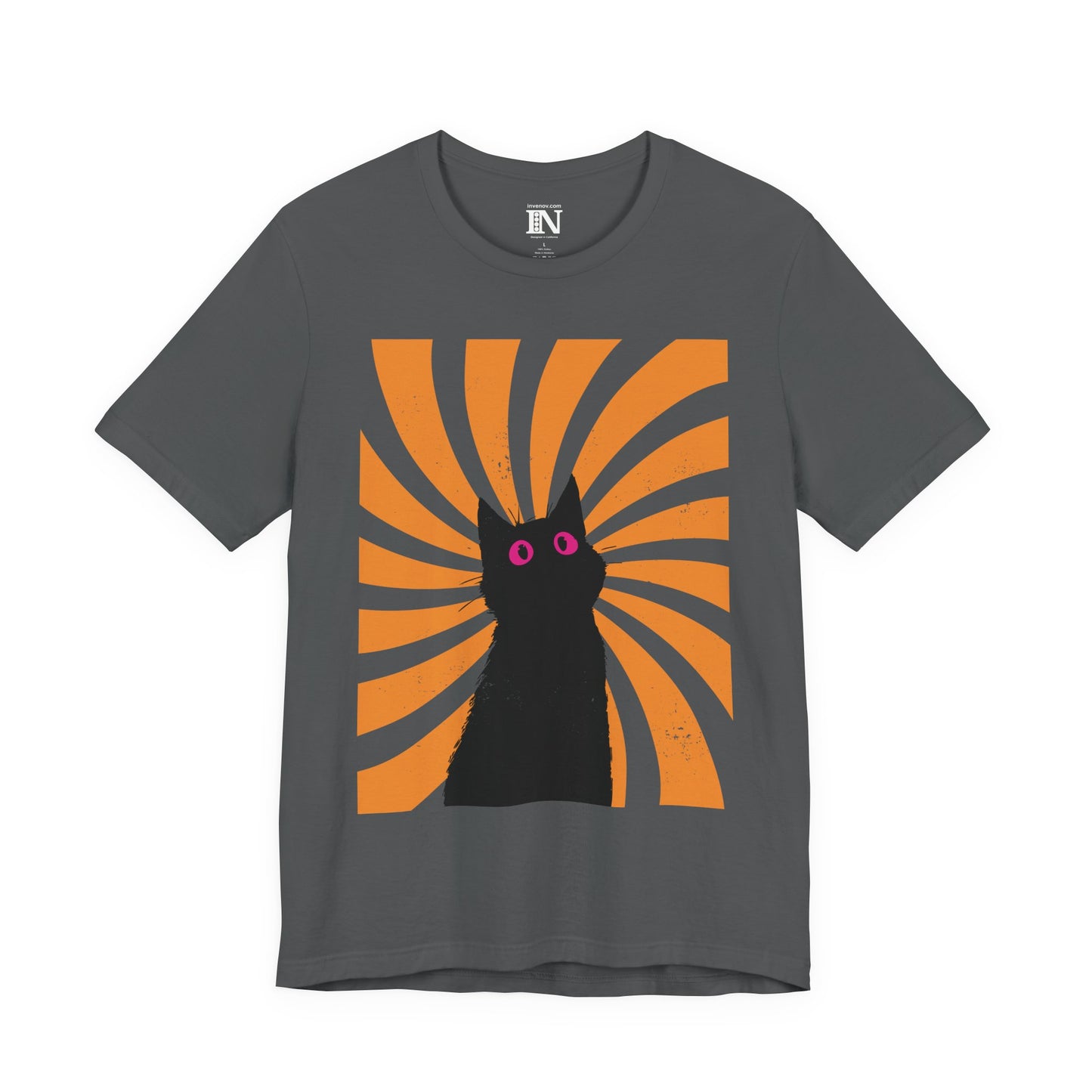 Black Graphic Cat Swirling Sunburst Shirt, Artistic Stylized Feline Tee, Distressed Style, Abstract Style Cat Pink Eye T-shirt, XS-3XL