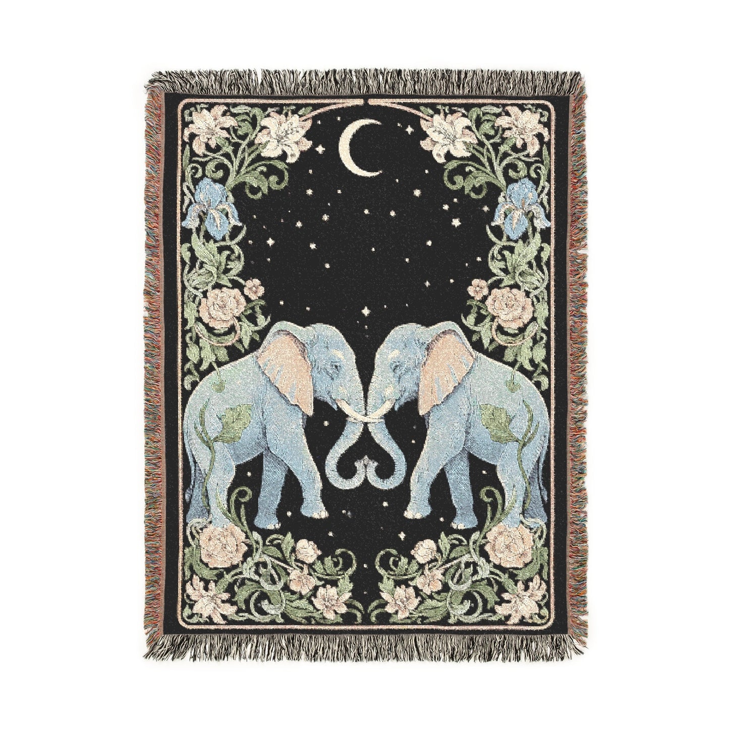 Elephant Woven Blanket, Celestial Tapestry, Romantic Couple Jacquard Throw, Moon Stars Art, Art Nouveau Botanical, Anniversary Wedding Gift