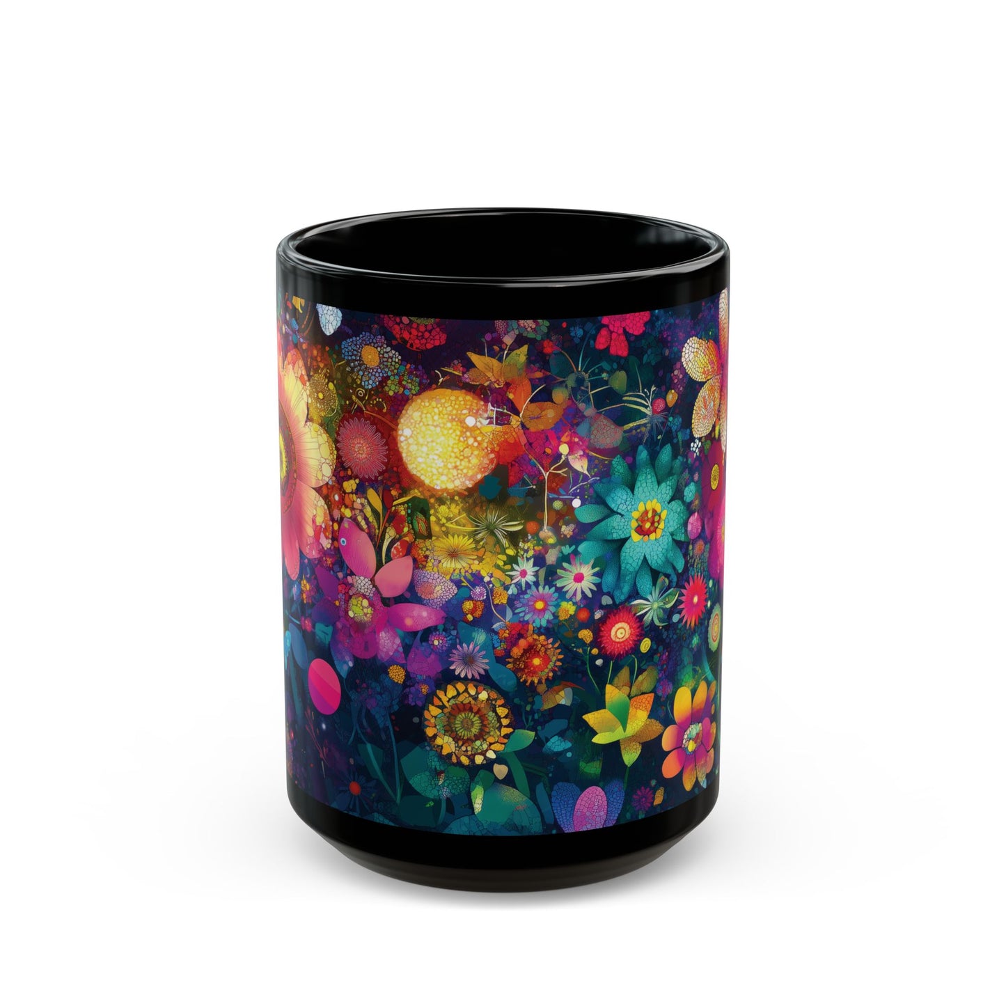 Colorful Floral Garden Black Mug, Vibrant Flower Art Coffee Cup, Gift for Mom, Mosaic Style Drinking Mug, Butterfly and Orb Design