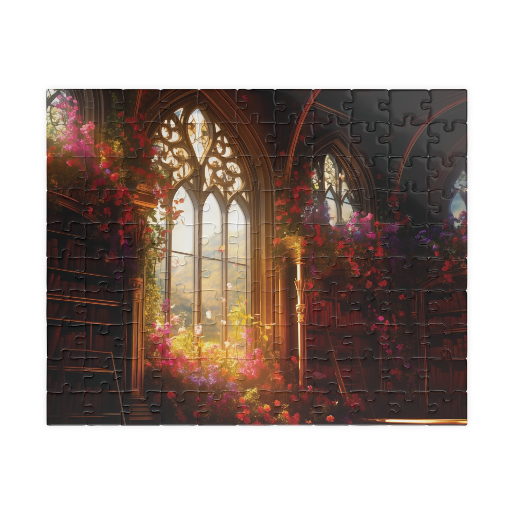 Gothic cathedral puzzle with floral decorations on a white background