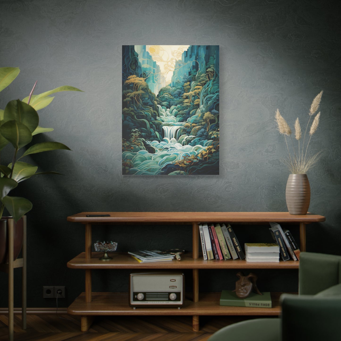 Waterfall Landscape Abstract Style Canvas Wall Art, Teal Green Blue Wall Decor, Nature Artwork, Modern Home Decor, Serene Art Print