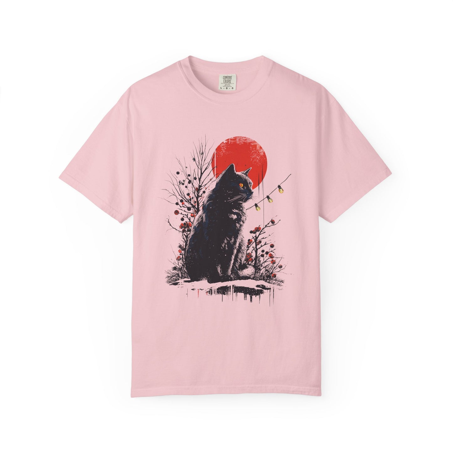 Black Graphic Cat Christmas T-Shirt, Festive Holiday Cat Shirt with Sun & Winter Lights, Xmas Cat Lover Gift Tee