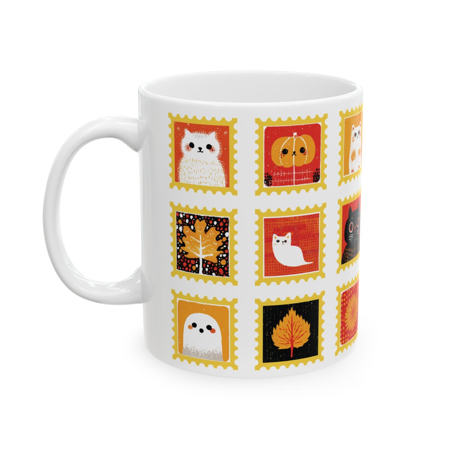 Autumn Halloween Ceramic Mug, Cozy Fall Coffee Cup with Cats, Pumpkins, Ghosts, Autumn Leaves, Thanksgiving Tea Cup, Autumn Home Decor