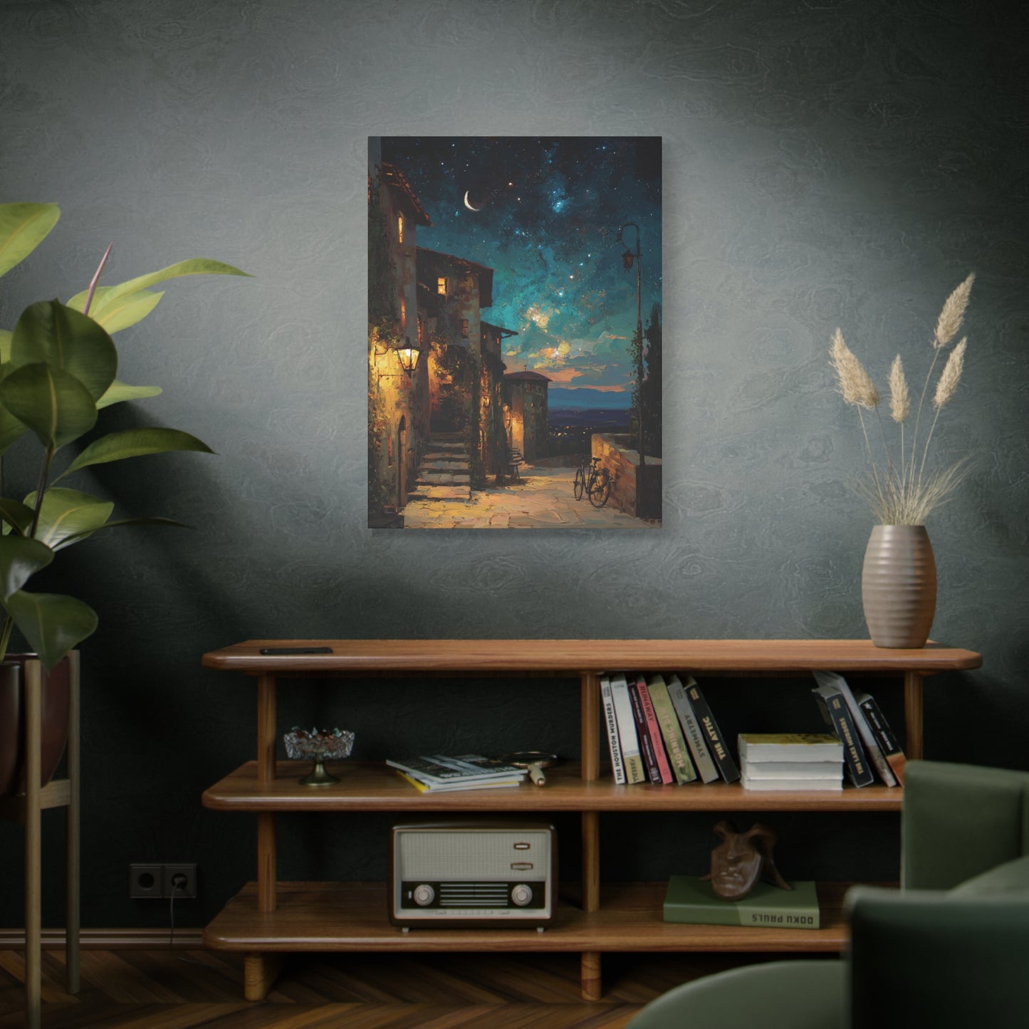 Enchanting European Village Night Sky Canvas Print Decor, Impressionistic Style Wall Art, Cozy Magical Living Room Bedroom Entryway Decor