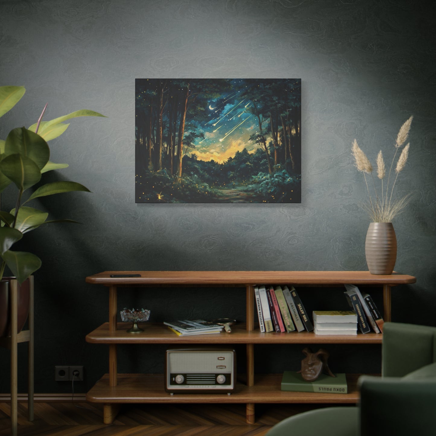 Magical Nighttime Woods Oil Painting Style Canvas Wall Art, Enchanted Forest, Starry Sky, Moon and Shooting Stars, Fireflies, Nature Lover