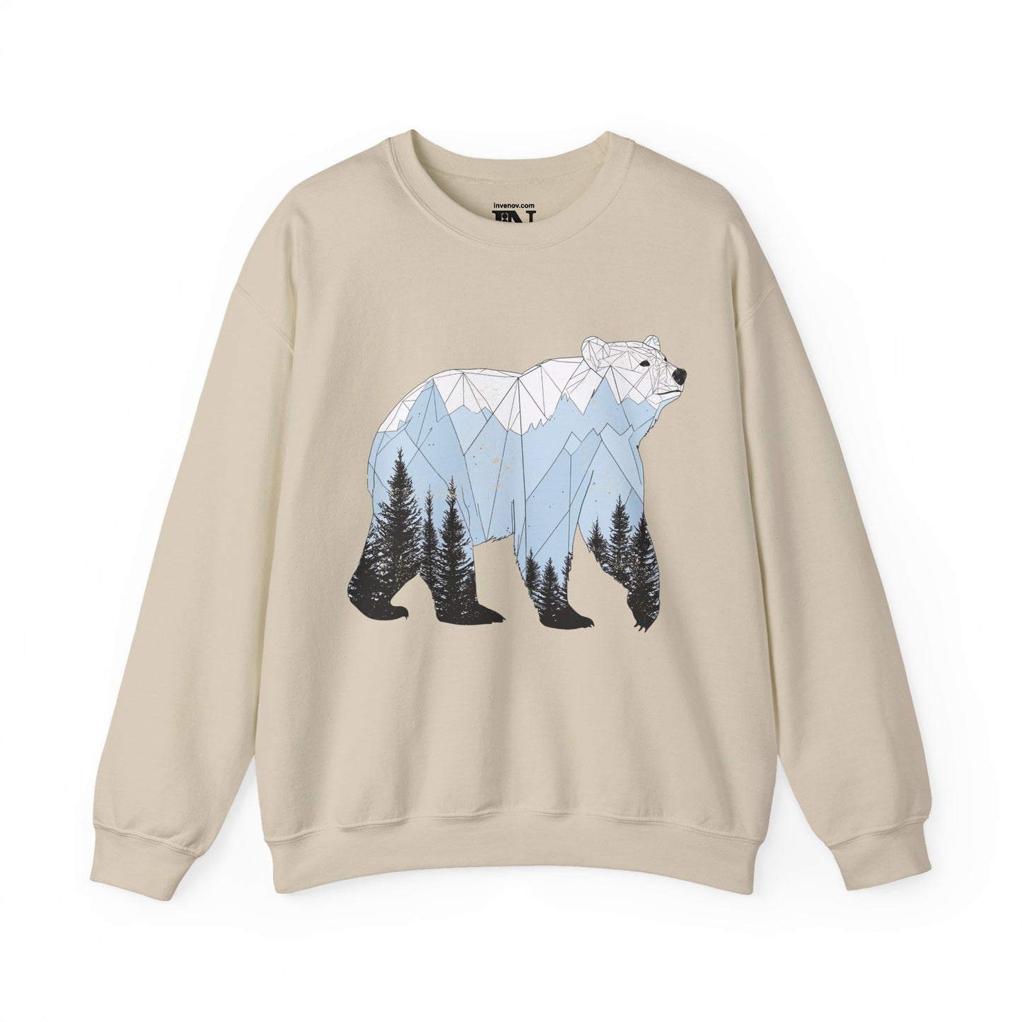 Geometric Bear Sweatshirt, Nature-Inspired Crewneck, Mountain Pine Tree Art Sweater, Winter Cozy Jumper, Unique Gift for Nature Lovers